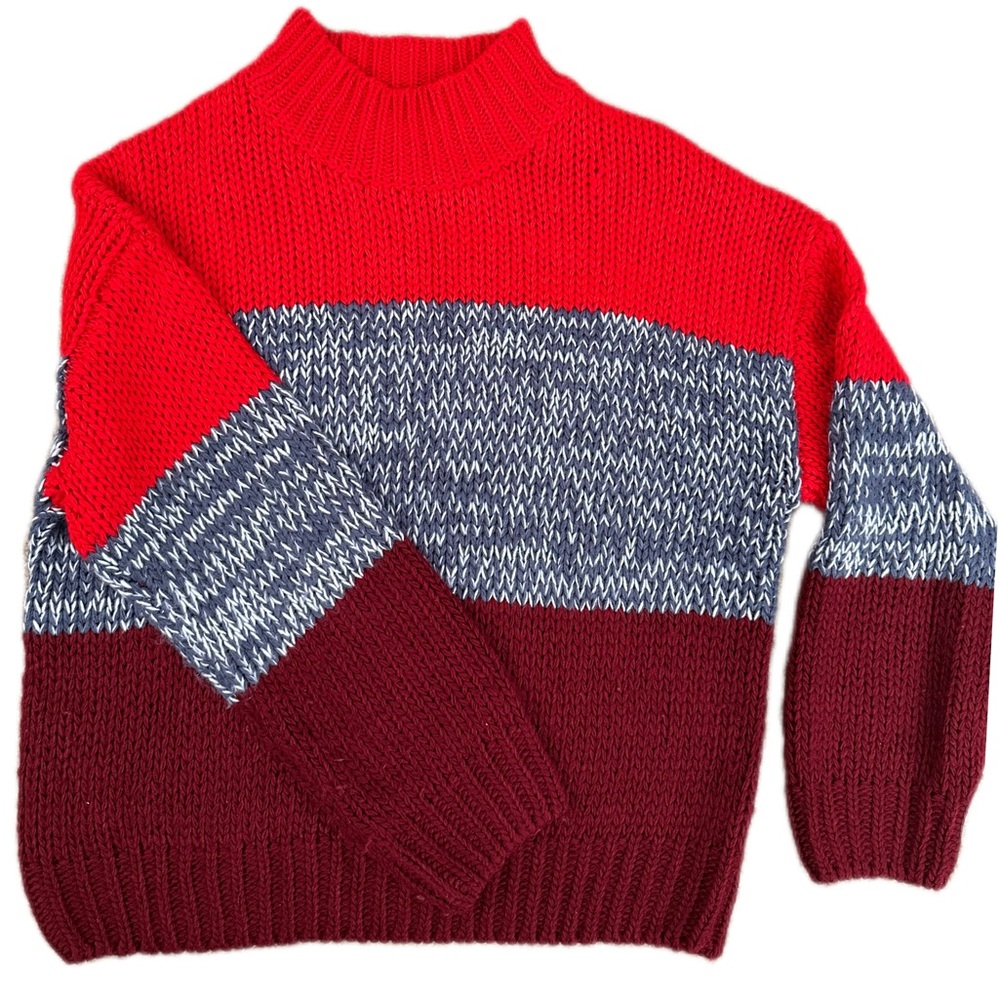 Skies Are Blue Women's Red and Maroon Colorblock Turtleneck Sweater